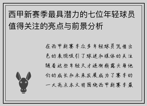 西甲新赛季最具潜力的七位年轻球员值得关注的亮点与前景分析