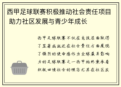 西甲足球联赛积极推动社会责任项目 助力社区发展与青少年成长 西甲足球联赛积极推动社会责任项目 助力社区发展与青少年成长