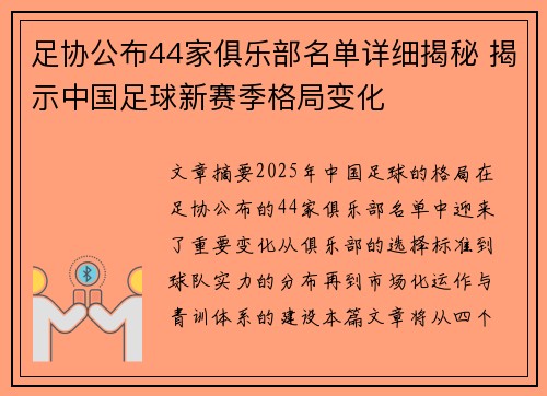 足协公布44家俱乐部名单详细揭秘 揭示中国足球新赛季格局变化