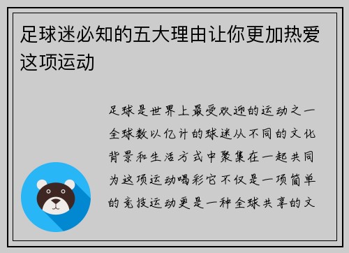足球迷必知的五大理由让你更加热爱这项运动